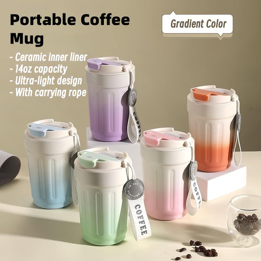 14oz Portable Vacuum - Insulated Coffee Mug with Ceramic Lining. Gradient Color. Carry - Cord. Leakproof. Easy to Clean. Good Heat Retention. For Coffee, Milk, Juice & Fruit Tea. (Blue)