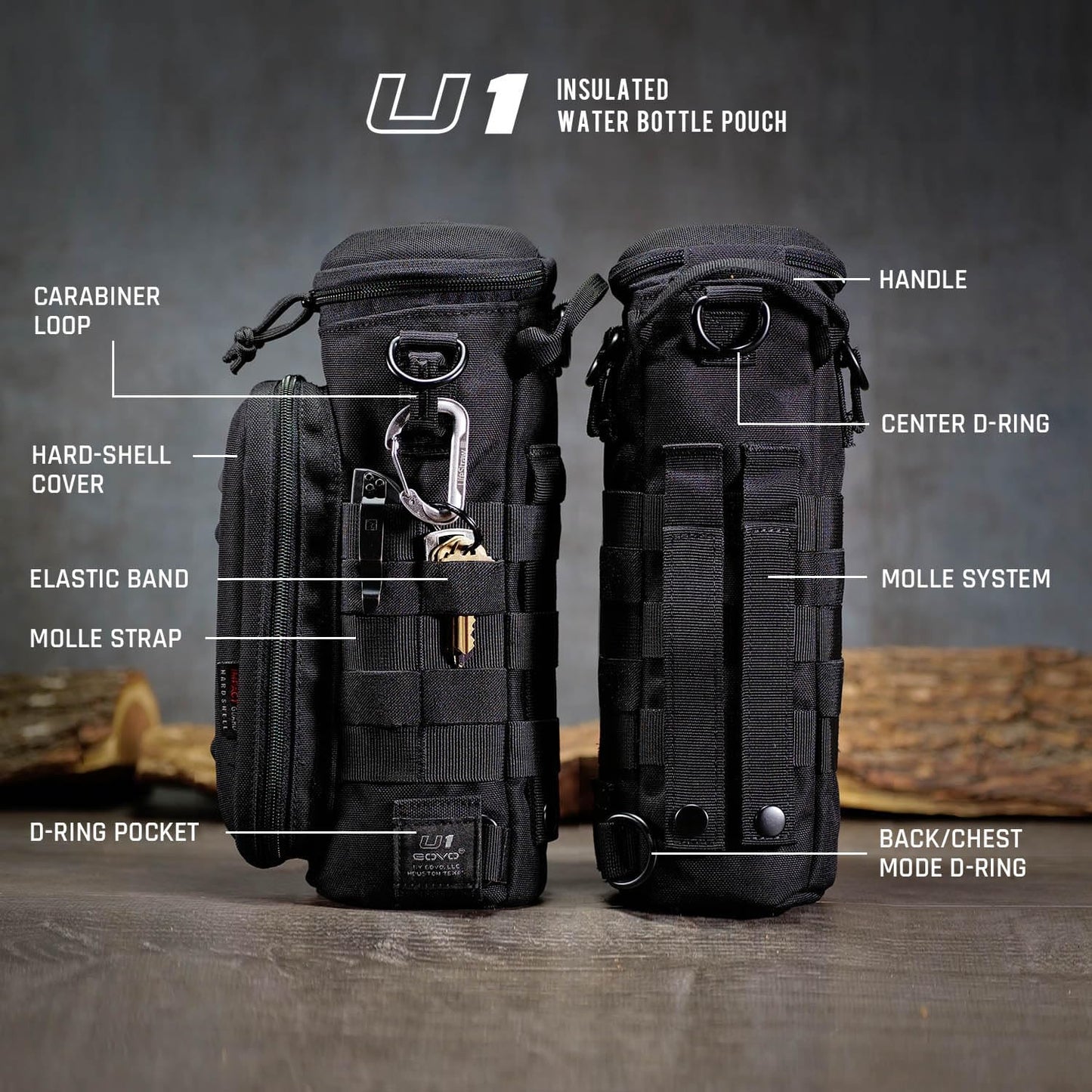 GOVO U1 Water Bottle Pouch with Zippered Hardshell Cap, Fits Up to 40oz Bottle, Molle System, Heavy Duty, Made With 100% Nylon