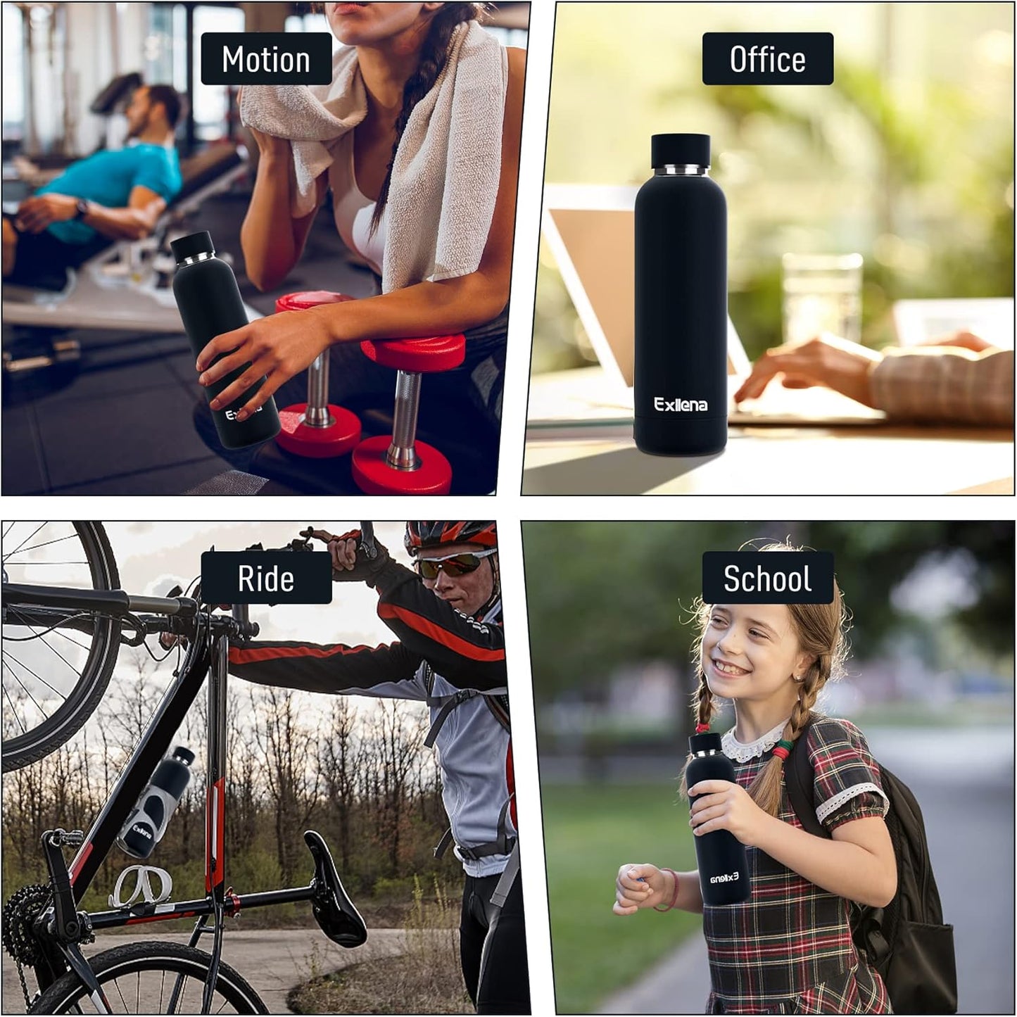 Exllena Slim Insulated Water Bottles for Travel 18oz with Clip, Double Wall Vacuum Stainless Steel Water Bottle Keeps Drinks Cold 24 Hrs/Hot 12 Hrs, 100% Leakproof, BPA Free(Black)
