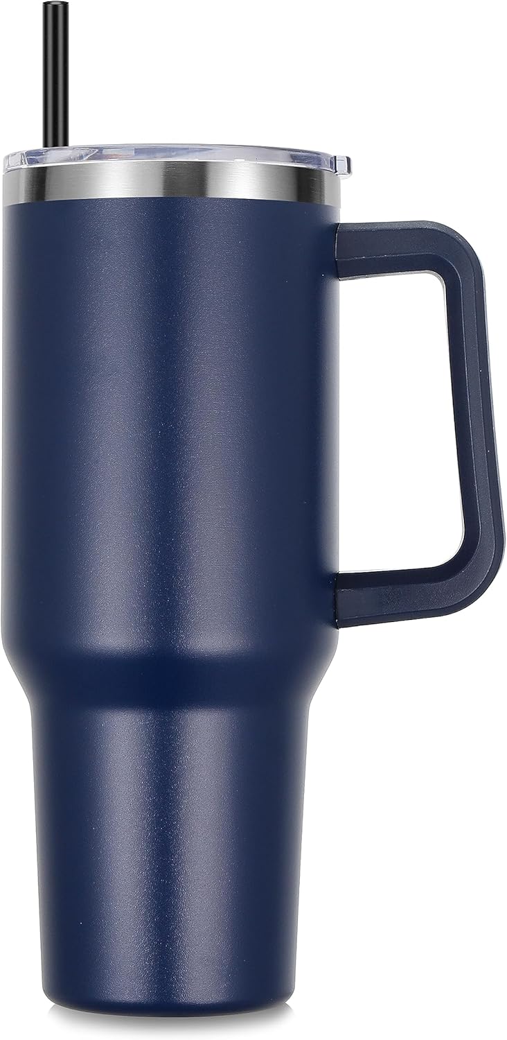 DOMICARE 40 oz Tumbler with Handle and Straw, Stainless Steel Tumbler with Lid and Straw, Reusable Vacuum Insulated Cup, Travel Coffee Mug, Blue, 1Pack
