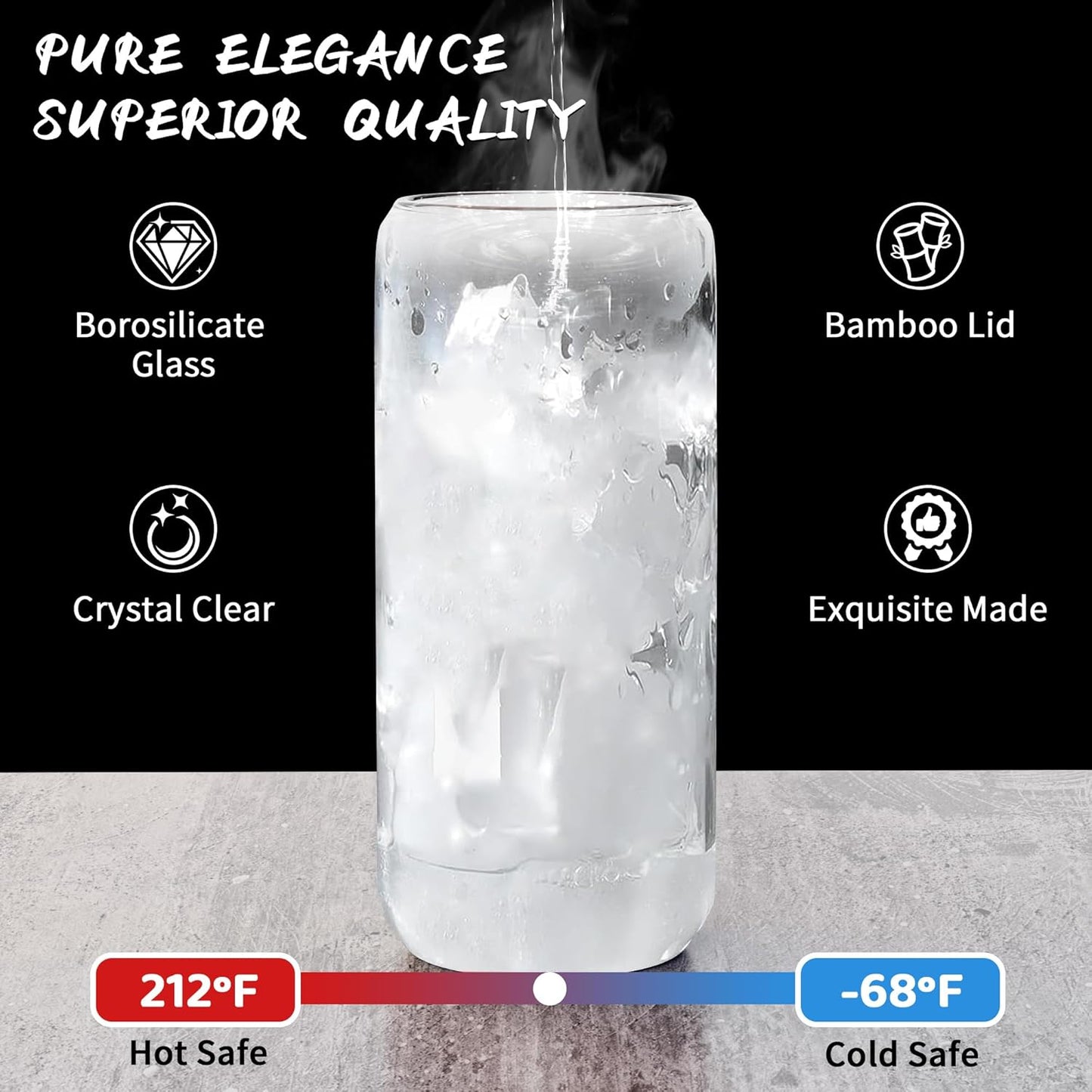 12 Pcs Glass Cups with Bamboo Lids and Straws - 16oz Glass Tumbler, Iced Coffee Cup, Can Shaped Drinking Glasses for Coffee, Tea, Smoothie, Juice, Cocktail Include 2 Cleaning Brushes