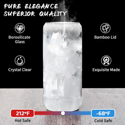 12 Pcs Glass Cups with Bamboo Lids and Straws - 16oz Glass Tumbler, Iced Coffee Cup, Can Shaped Drinking Glasses for Coffee, Tea, Smoothie, Juice, Cocktail Include 2 Cleaning Brushes