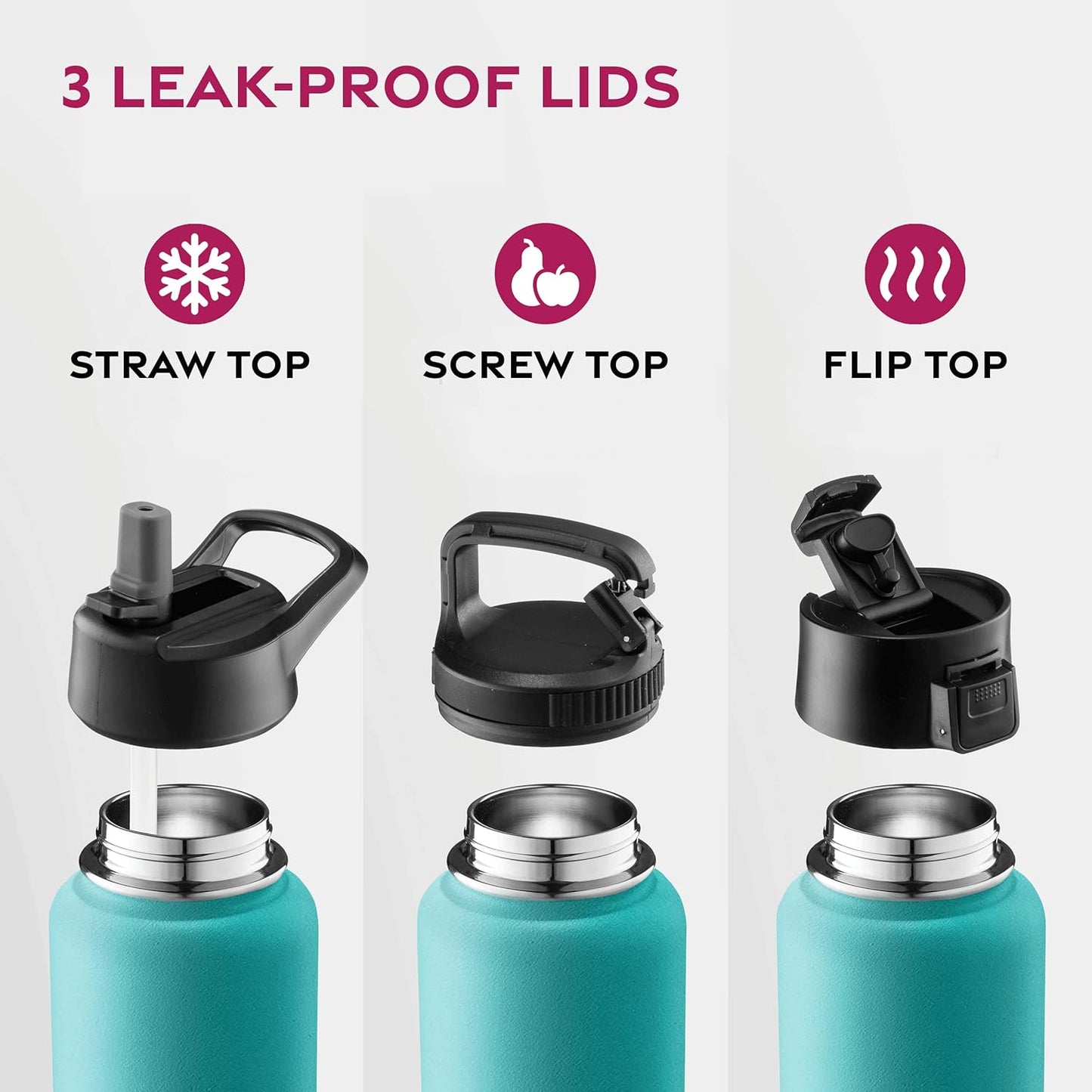 FineDine Water Bottle - Stainless Steel Insulated Water Bottle with Straw Lid, Flip Lid & Wide-Mouth Cap - Keeps Hot and Cold - 25 Oz / 739ml - Dreamy Purple