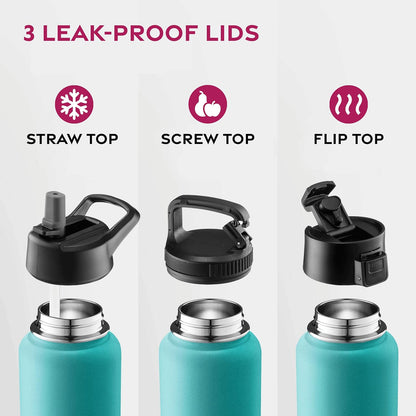 FineDine Water Bottle - Stainless Steel Insulated Water Bottle with Straw Lid, Flip Lid & Wide-Mouth Cap - Keeps Hot and Cold - 25 Oz / 739ml - Dreamy Purple