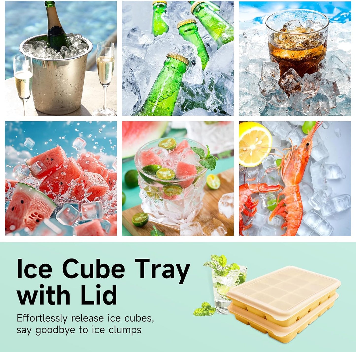 Ice Cube Trays Set of 2, Easy Release 15 Flexible Silicone Ice Cube Molds with Removable Lid Reusable Freezer Ice Trays Stackable for Whiskey, Baby Food, BPA Free (BAMBOO GREEN)