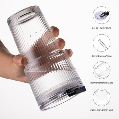 BLUEPOLAR Double Walled Glass Espresso Cups, Insulated Coffee Mug with Straw and Lid - 12oz/350ml Reusable Tumbler for Hot/Cold Drinks, Smoothie, Latte, Matcha, Car & Travel