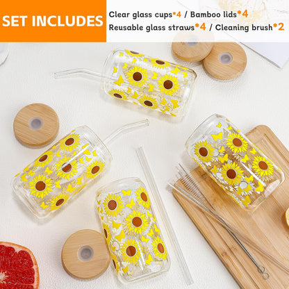 DWTS DANWEITESI Glass Cups with Lids and Straws 4 pcs,16oz Drinking Glasses Set for Coffee Bar Accessories,Iced Coffee Cups with Lids,Matcha Cup Glass Tumbler Reusable for Gifts
