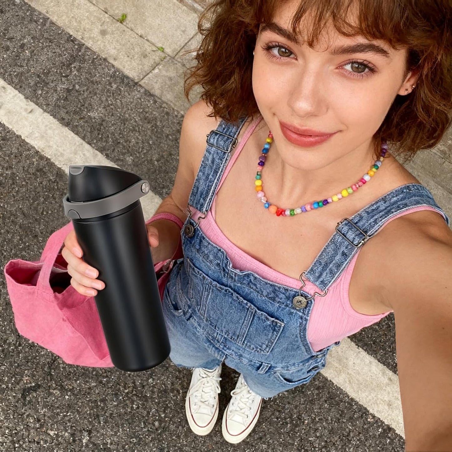24 oz Stainless Steel Water Bottle with 2-in-1 Quick Flip Straw and Push Button Spout Lid, Fits Car Cupholder, Triple Walled Vacuum Insulated Metal Leakproof, for Gym, Hiking, Trip, Black