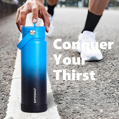 Insulated Water Bottle with Lid & Boot & Stickers, 24 oz Stainless Steel Sweat Free Bottle Keep Cold 24H, BPA-Free Sports Wide Mouth Water Bottle, BlueBlack
