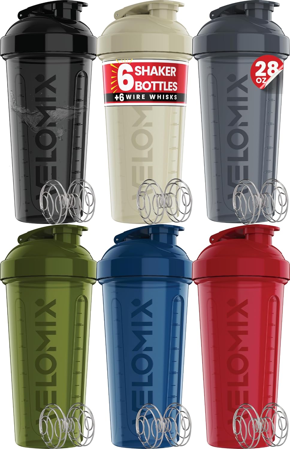 VELOMIX -6 PACK- 28 oz Protein Shaker Bottle for Protein Mixes - 6x Wire Whisk | Leak Proof Shaker Cups for Protein Shakes | Protein Shaker Bottle Pack | Protein Shake Cup (Earth Tones Collection)