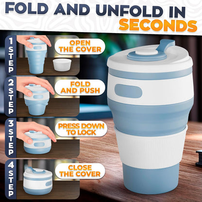 2-Pack Collapsible Cups for Traveling Reusable – 11oz Leakproof Coffee Travel Mug, Silicone, Foldable and Portable for Hiking, Camping, Office | Lightweight and Collapsible Coffee Cups for Outdoor Use