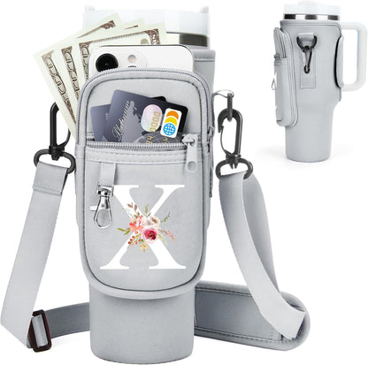 Initial Water Bottle Holder with Strap for Stanley Cup Accessories 40 oz/Simple Modern Tumbler, Birthdays for Women Girls, Water Bottle Carrier Bag with Phone Pocket,Hiking Walking Gym Camping