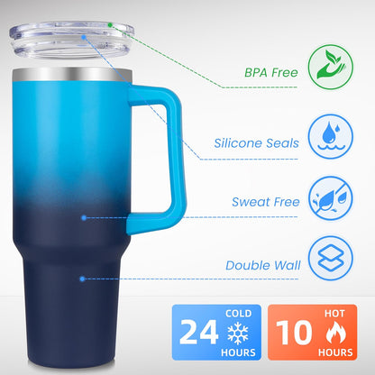 DOMICARE 40 oz Tumbler with Handle and Straw, Stainless Steel Tumbler with Lid and Straw, Reusable Vacuum Insulated Cup, Travel Coffee Mug, Blue, 1Pack