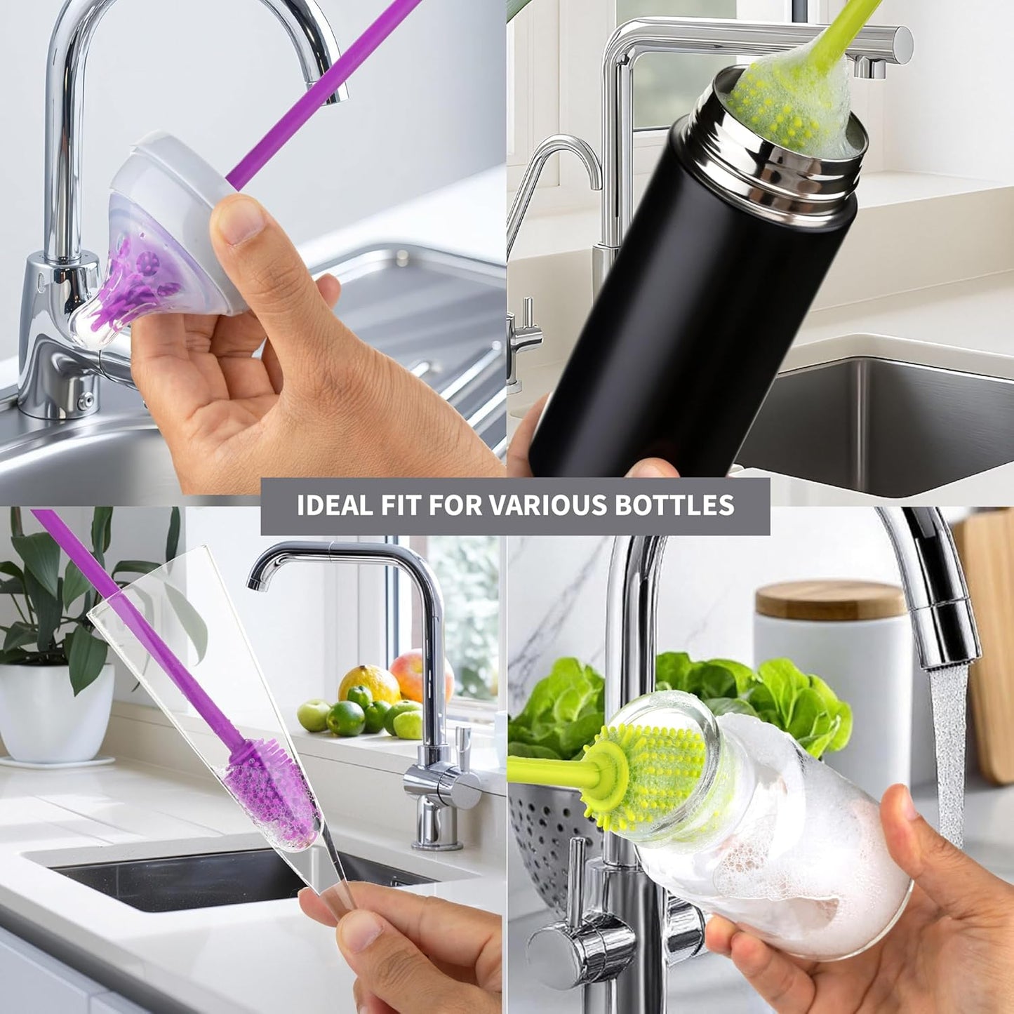 A-Brush Silicone Bottle Cleaner Brush, 2 Piece Set, Flexible, Long Handle - Water Bottle Cleaner, Baby Bottle Nipple Brush for Plastic & Glass, BPA-Free Dish Washing Brush A2S Protection