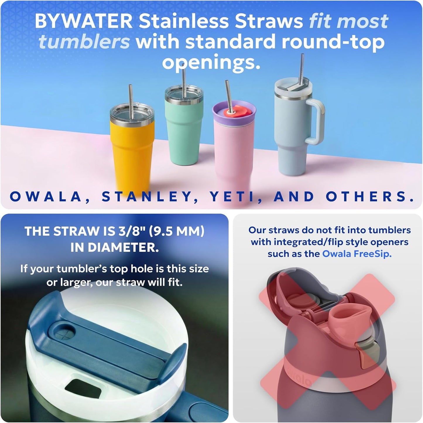 Made in USA Bywater Stainless Steel 10.5 Inch Straw Set of 2 Food Grade Premium Straws. Fits Stanley, Yeti Straw Lid, Owala and Many Others With Standard Straws. DOES NOT FIT FLIP STYLE LIDS