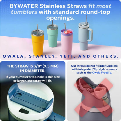 Made in USA Bywater Stainless Steel 10.5 Inch Straw Set of 2 Food Grade Premium Straws. Fits Stanley, Yeti Straw Lid, Owala and Many Others With Standard Straws. DOES NOT FIT FLIP STYLE LIDS