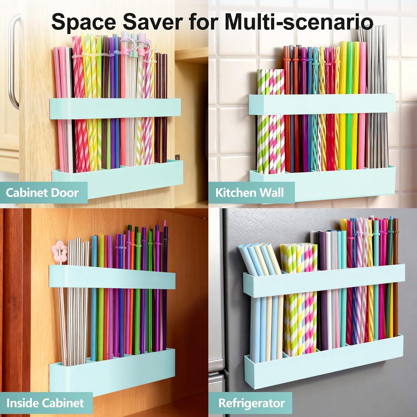 9.5” Large Acrylic Straw Holder for Cabinet Door, Reusable Adjustable Two-Part Straws Organizer with Ultra Sticky Adhesive Strips, 2026 Straw Storage for Kitchen Cupboard (Transparent)