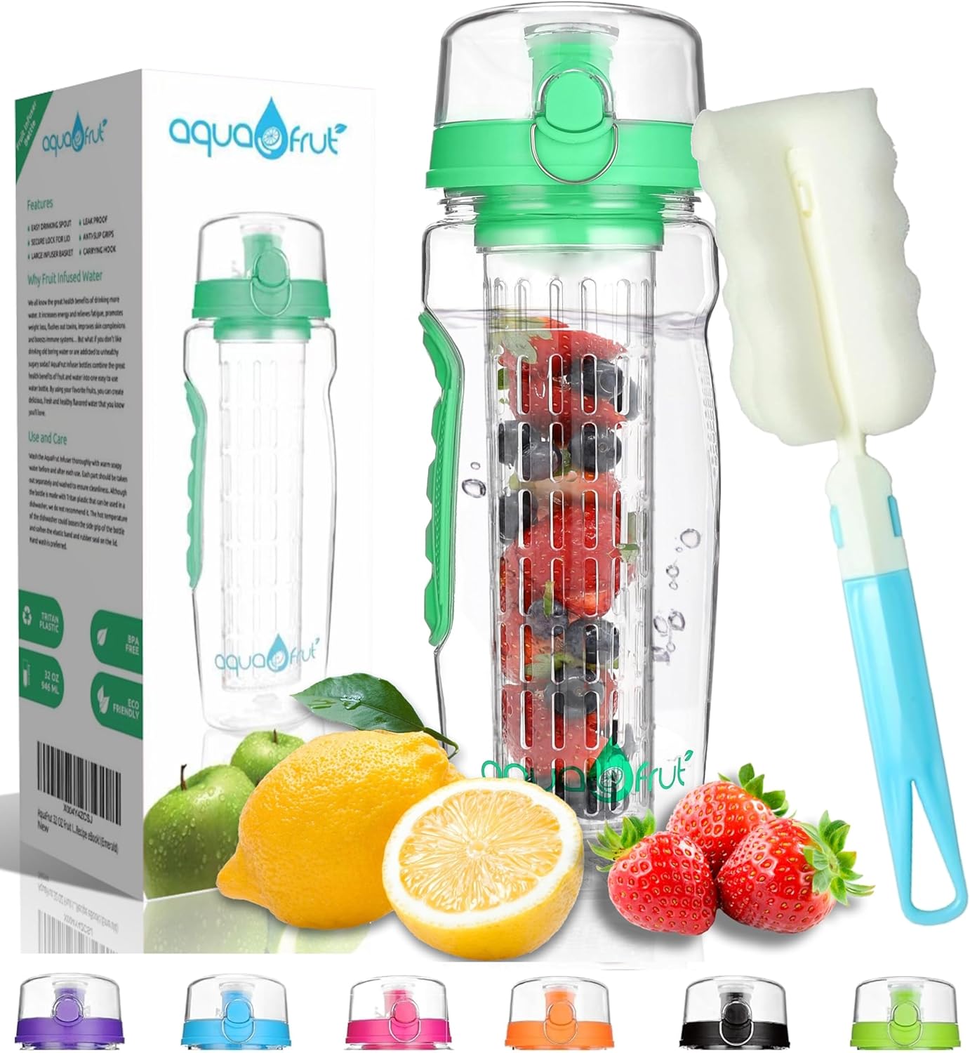 aquaFrut 32 OZ Fruit Infuser Water Bottle BPA-Free Fruit Infusion Sports Bottle - Flip Top Lid w Drinking Spout, Leak Proof, Made of Durable Tritan. Free Recipe eBook! (Teal)