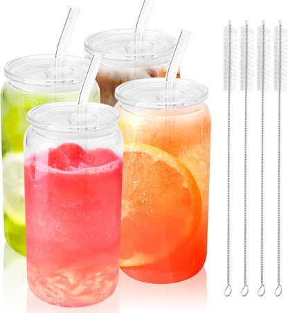 Joyclub 8pcs 16 oz Glass Cups with Acrylic Lids and Straws Can Shaped Iced Coffee Glasses Cute Tumbler Set Drinking Jars for Smoothie Soda Boba Beer Party Housewarming Gifts