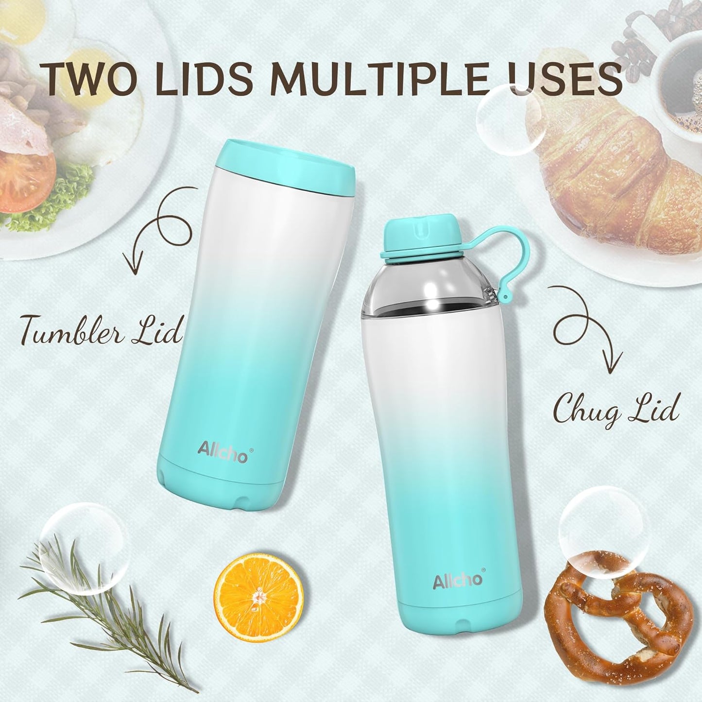 Allcho Insulated Water Bottle for Women, 18oz Stainless Steel Leak Proof Tumbler with 2 Lids, BPA-Free Tritan Chug & Straw Lid, Double Wall Vacuum Flask