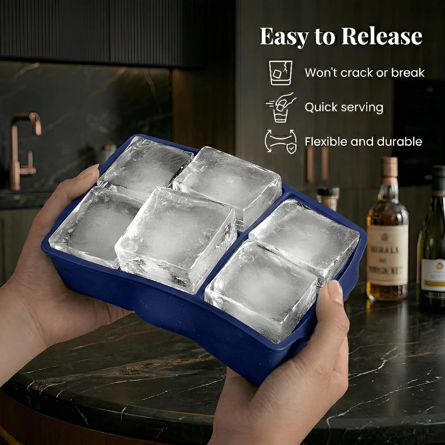 KitchFort Large Silicone Ice Cube Tray (2-Pack), Easy Release 2" Big Ice Cubes - Cocktail, Whiskey Ice Cubes Mold - Ice Trays for Freezer with Lid - Stackable Silicone Ice Tray - Black