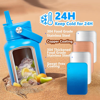 Insulated Water Bottle with Lid & Boot & Stickers, 24 oz Stainless Steel Sweat Free Bottle Keep Cold 24H, BPA-Free Sports Wide Mouth Water Bottle, BlueBlack