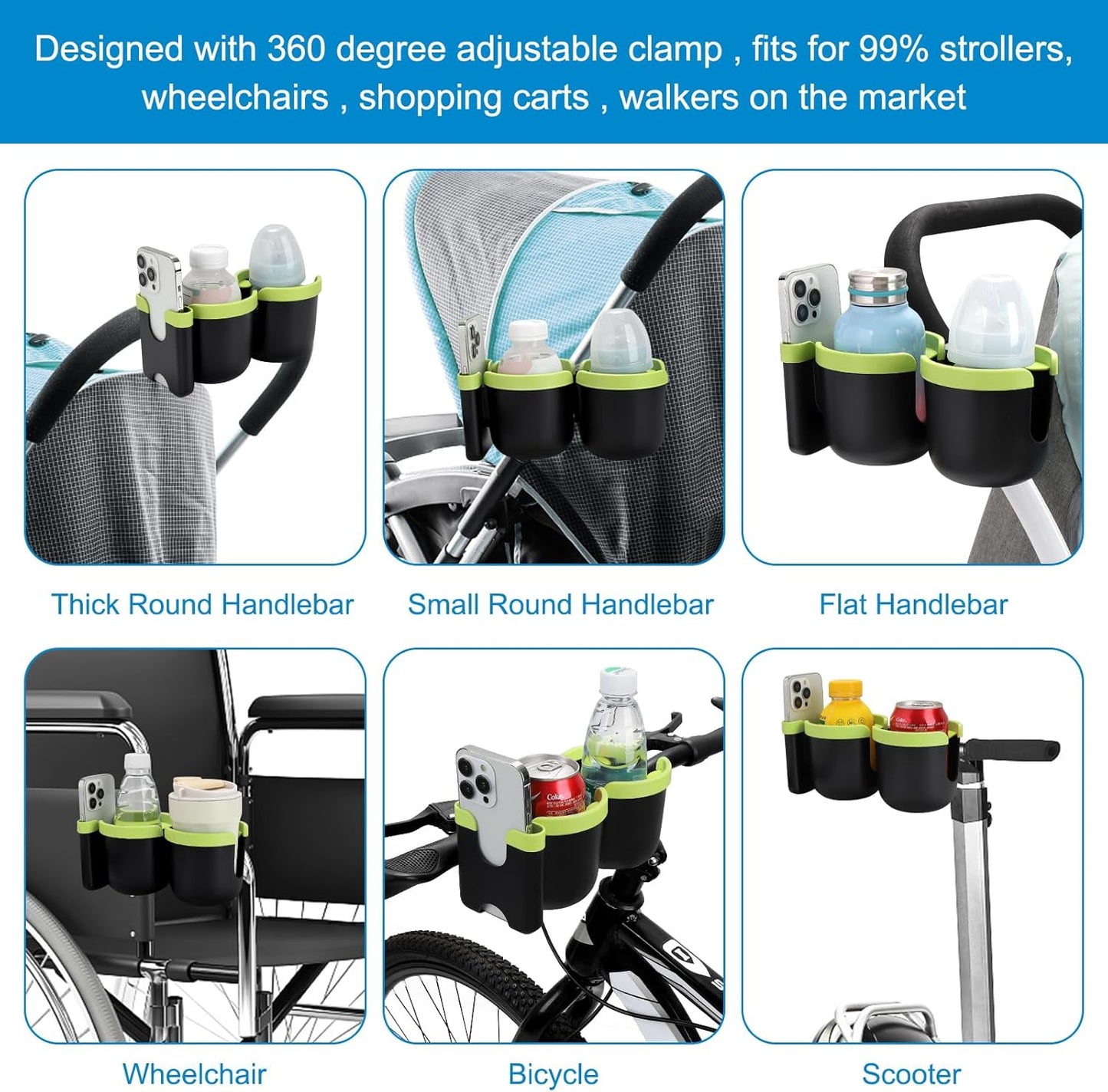 Accmor Stroller Cup Holder with Phone Holder, Bike Cup Holder, Universal Cup Holder for Uppababy Nuna Doona Strollers, 2-in-1 Cup Holder for Walker, Wheelchair, Scooter - Colors A