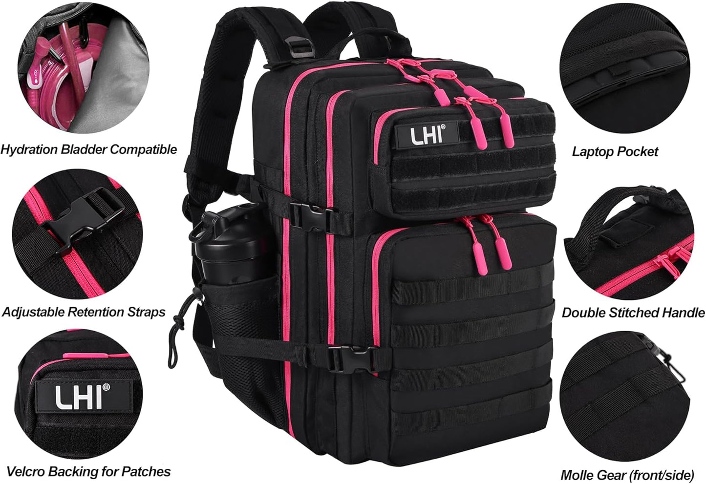 LHI Military Tactical Backpack for Men and Women 45L Army 3 Days Assault Pack Bag Large Rucksack with Molle System - Black - Colors B