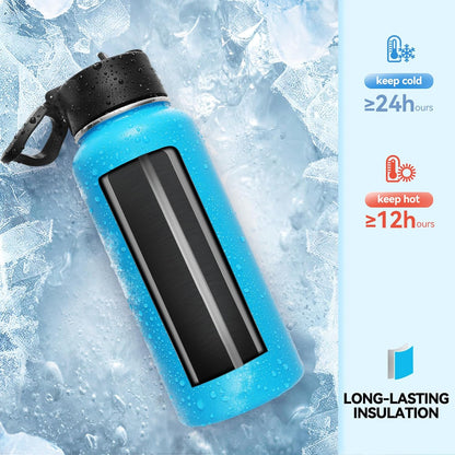 Neihepal 32 oz Insulated Water Bottle with 2 Lids (Straw & Spout Lid), 18/8 Stainless Steel Double Wall Water Bottles for Gym, Travel, Camping, Sports (Silver,1 Pack)