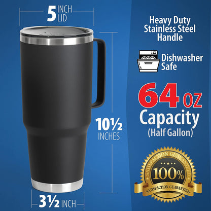 XPAC Double Vacuum Wall Stainless Steel Tumbler with Lid, 64 Ounce, With Handle, Black, Fits in a 4" Wide Car Beverage Holder