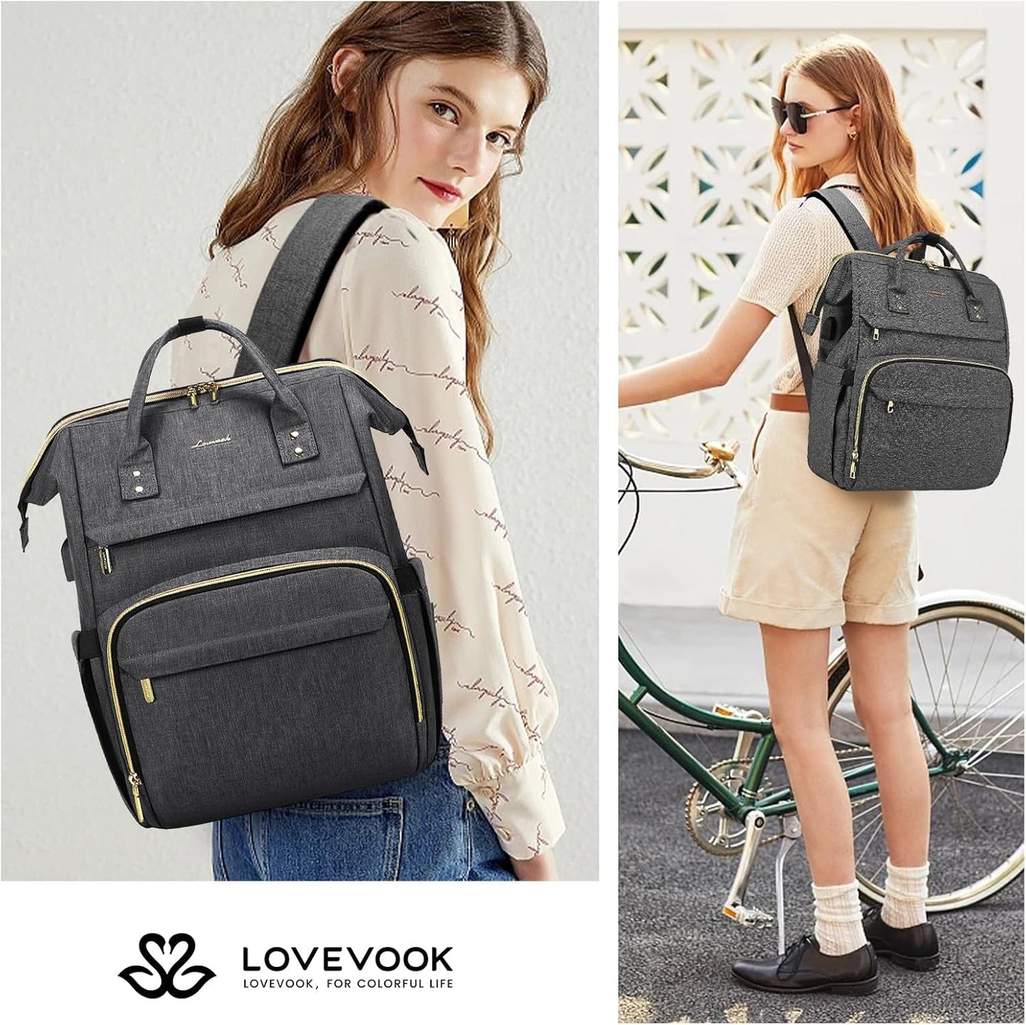 LOVEVOOK Laptop Backpack for Women with Giant Tumbler Holder Pocket,15.6 inch Waterproof Travel Backpack Purse Computer Laptop Bag,Professional Work College Nurse Teacher Backpack Casual Daypack,Black
