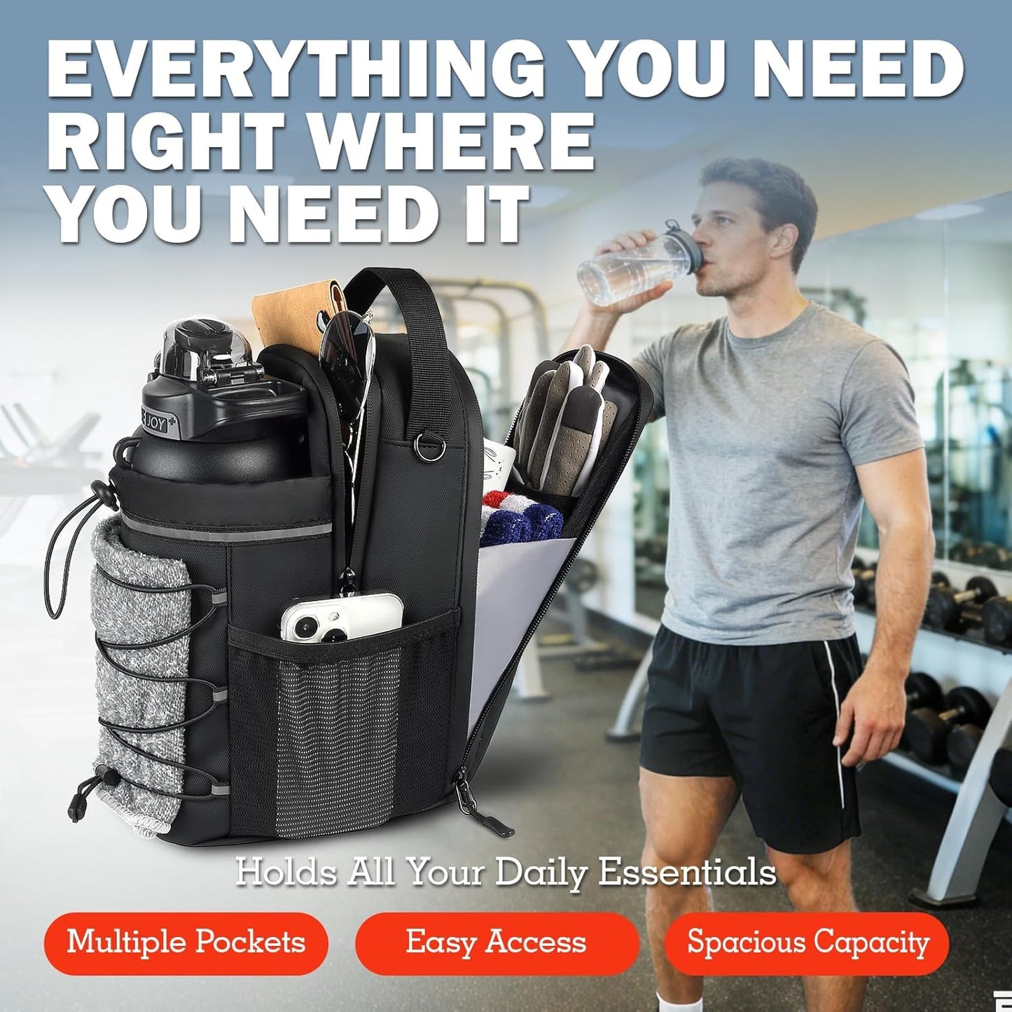 Magnetic Gym Bag 25-64oz Water Bottle Holder with 4 Strong Magnets, Crossbody Sling Water Bottle Carrier with Phone Pocket for Men Women, Gym Accessories for Workout Fitness Hiking Travel Camping