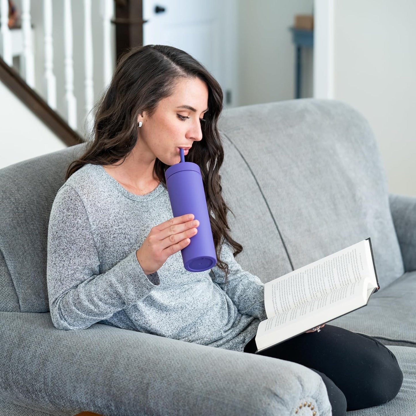 STRATA CUPS Perwinkle Skinny Tumblers with Lids and Straws (4 pack), 16oz Matte Pastel Colored Acrylic Tumblers with Lids and Straws, Double Wall Skinny Tumbler Bulk, Reusable Cup with Straw Cleaner