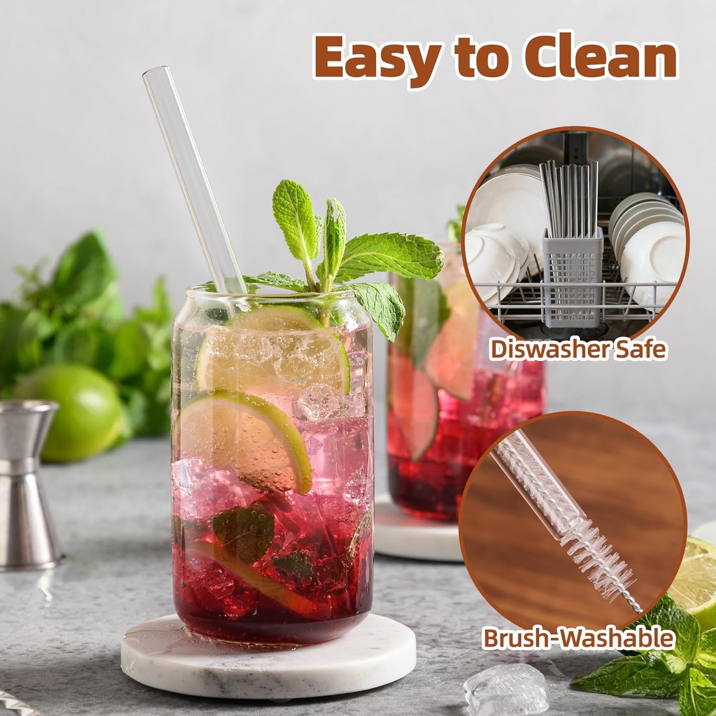 Antner 12 Pack Reusable Glass Straw, 8.5" x 10MM Bent Clear Glass Drinking Straws for Hot & Cold Drinks, 2 Cleaning Brushes Included