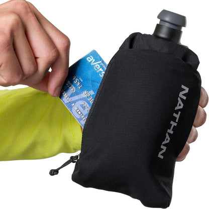 Nathan SpeedDraw 2 Insulated Handheld Running Water Bottle Flask 18oz – Double-Wall Insulation, Ergonomic Grip, Blast Valve Cap, Phone & Key Storage Pockets, Reflective Design