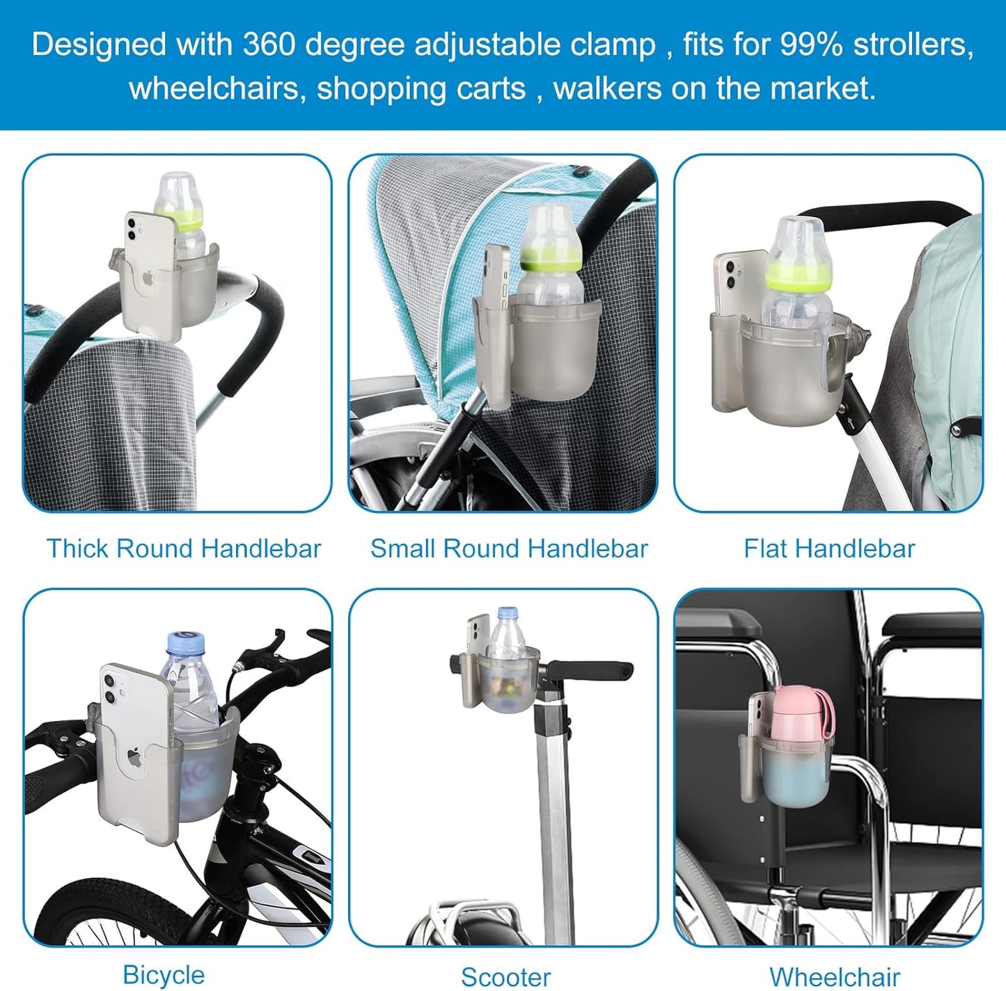 Accmor Stroller Cup Holder with Phone Holder, Bike Cup Holder, Universal Cup Holder for Uppababy Nuna Doona Strollers, 2-in-1 Cup Holder for Walker, Wheelchair, Scooter - Colors A