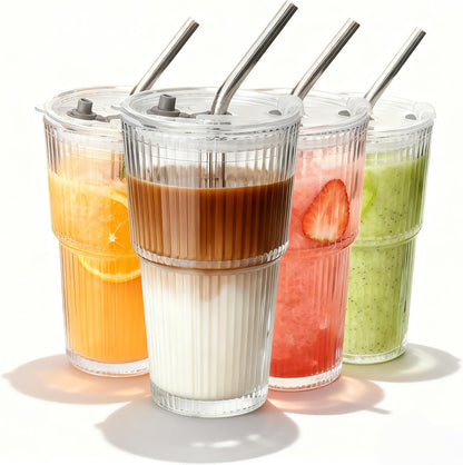 2 Packs Ribbed Glass Tumbler with Lid and Straw 16 oz Cute Ice Coffee Cup Set for Smoothie Juice Matcha Tea Latte Cappuccino Espresso Hot Coffe Water Reusable Clear Travel Mug Aesthetic Drinking Mug
