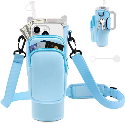 JEBEALUO Water Bottle Carrier Bag with Phone Pocket for Stanley Cup 40/30 oz, Water Bottle Holder with Adjustable Strap& Straw Cover, Stanley Cup Accessories