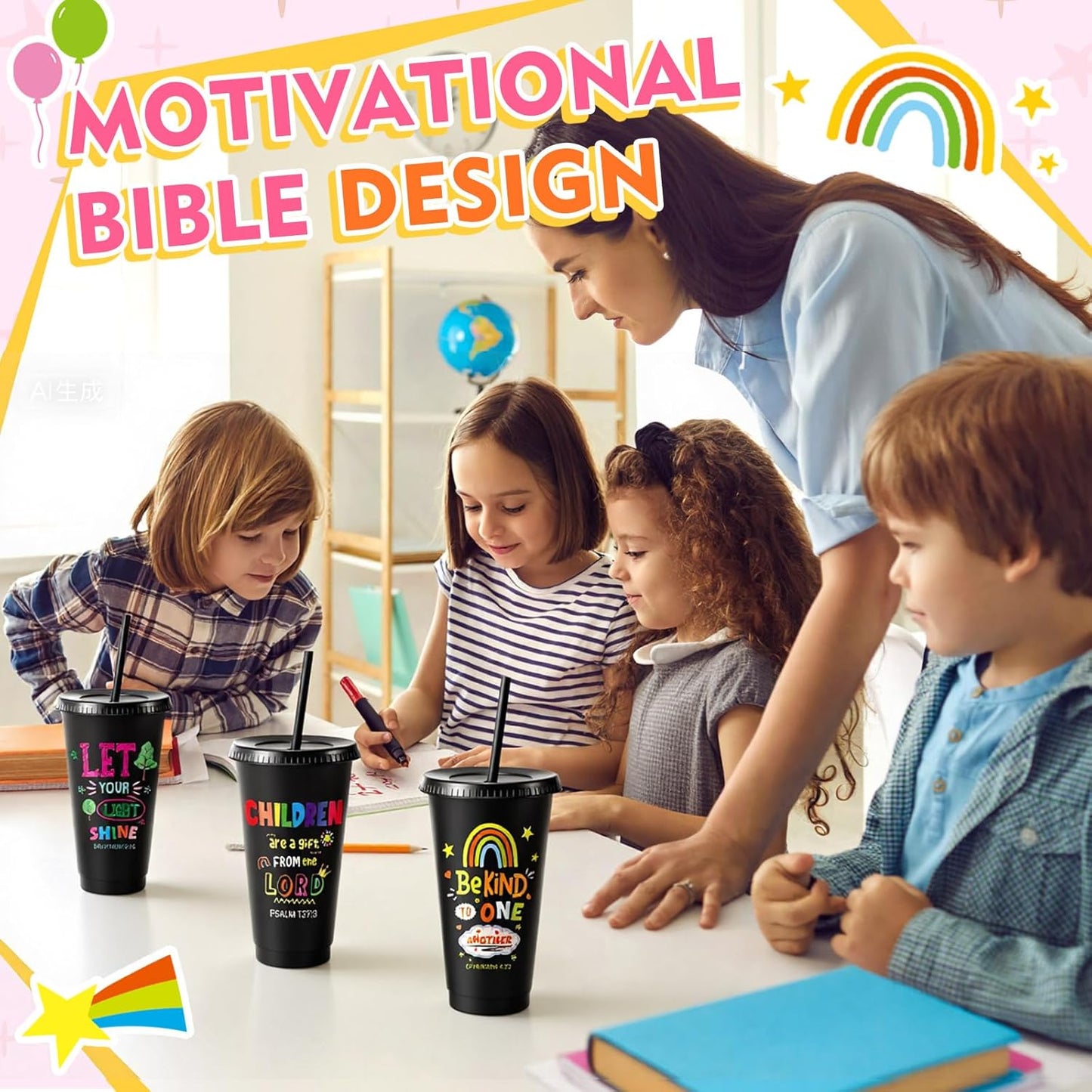 Uiifan 10 Pcs Christian Tumblers with Straws for Kids, Bible Verse Cups for VBS, Sunday School, Church Party Favors and Faith Gifts, Reusable Plastic Tumblers with Lids, 24 oz, White