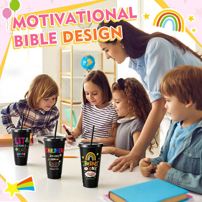 Uiifan 10 Pcs Christian Tumblers with Straws for Kids, Bible Verse Cups for VBS, Sunday School, Church Party Favors and Faith Gifts, Reusable Plastic Tumblers with Lids, 24 oz, White