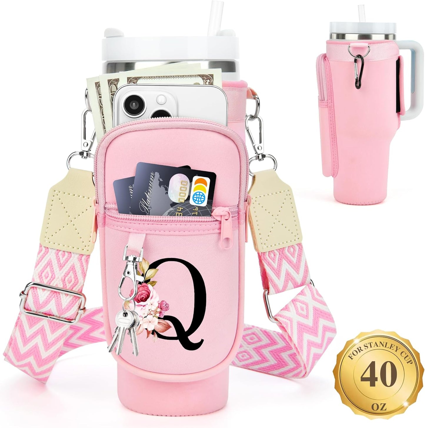 LOKASS Personalized Water Bottle Holder with Strap for Stanley Cup Accessories 40 oz, Initial for Stanley Cup Holder Carrier Bag with Phone Pocket, Stylish Tumbler Accessories for Daily Use Hands-Free