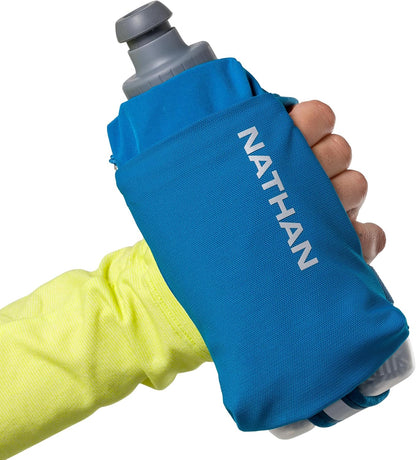 Nathan SpeedDraw 2 Insulated Handheld Running Water Bottle Flask 18oz – Double-Wall Insulation, Ergonomic Grip, Blast Valve Cap, Phone & Key Storage Pockets, Reflective Design