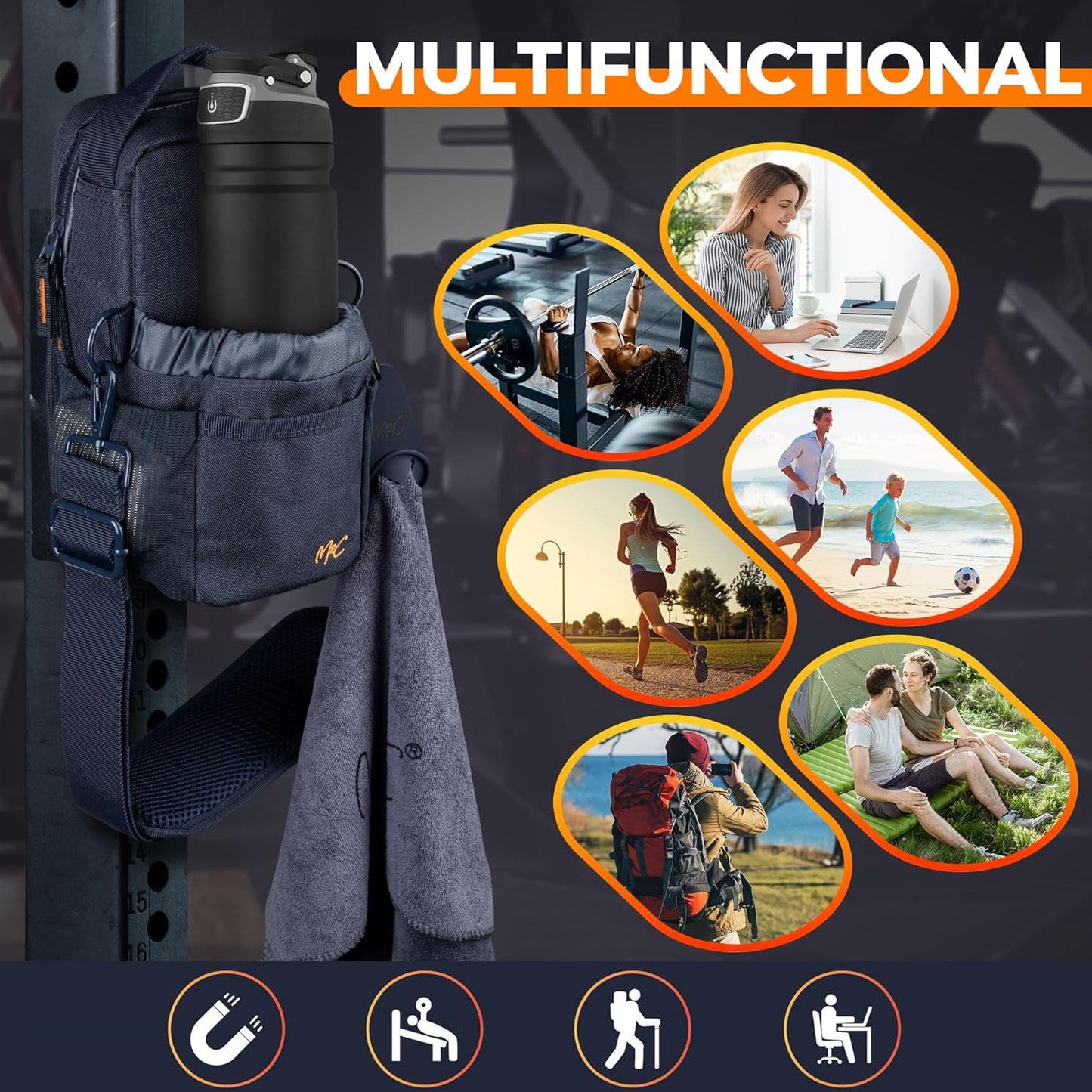 M2C® Premium Magnetic Gym Bag, Attaches to Gym Equipment, Holds 12 lbs, Gym Pouch with Water Bottle Pocket, Phone Storage, Key Clip, Adjustable Sling Strap, Ideal for Sports, Work and Travel