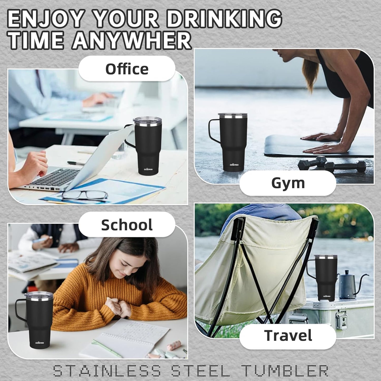20 oz Insulated Coffee Mug with Ceramic Coating, Stainless Steel Travel Mug Tumbler with Handle Lid and Straw, Double Wall Leak-Proof Coffee Travel Mug Keeps Drink Hot and Cold (Black)