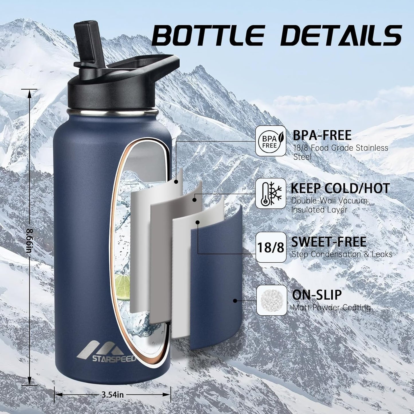 StarSpeed 32oz Insulated Water Bottle with Straw Lid, Stainless Steel Double Walled Vacuum Water Flask, Wide Mouth Sports Water Bottle for Gym Camping Hiking, Indigo Black