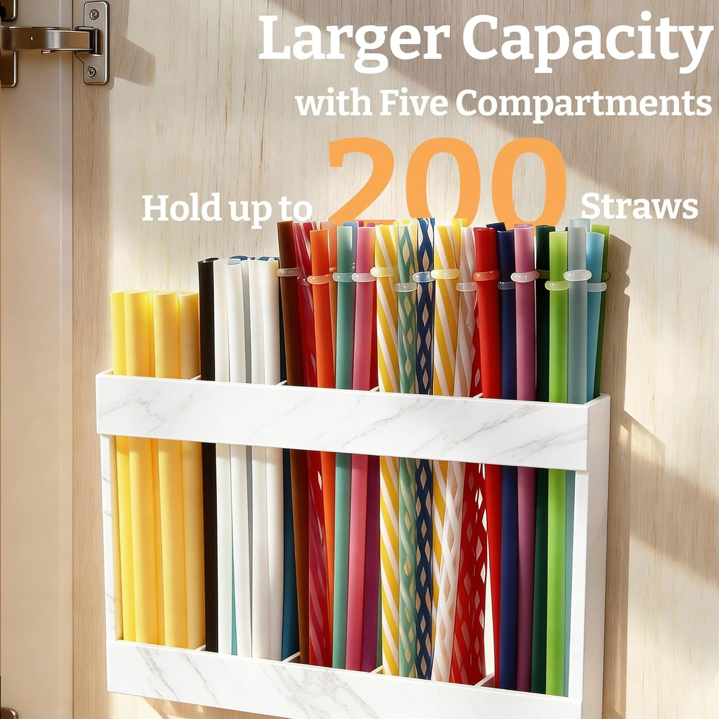 9.5” Large Acrylic Straw Holder for Cabinet Door with Detachable Ultra Sticky Adhesive Squares and Stickers, 2026 Reusable Straws Organizer Storage Dispenser for Kitchen Counter Cupboard