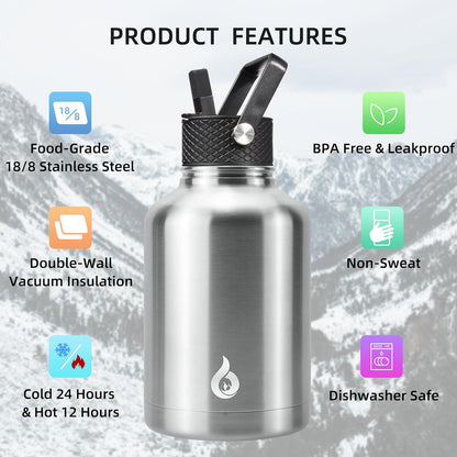 BJPKPK Insulated Water Bottles with Straw Lid, 40oz Stainless Steel Water Bottles with 3 Lids, BPA Free Leakproof Thermo, Tumblers, Cups for Sports, Gym- Midnight - Colors B