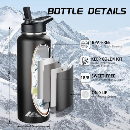 StarSpeed 32oz Insulated Water Bottle with Straw Lid, Stainless Steel Double Walled Vacuum Water Flask, Wide Mouth Sports Water Bottle for Gym Camping Hiking, Indigo Black