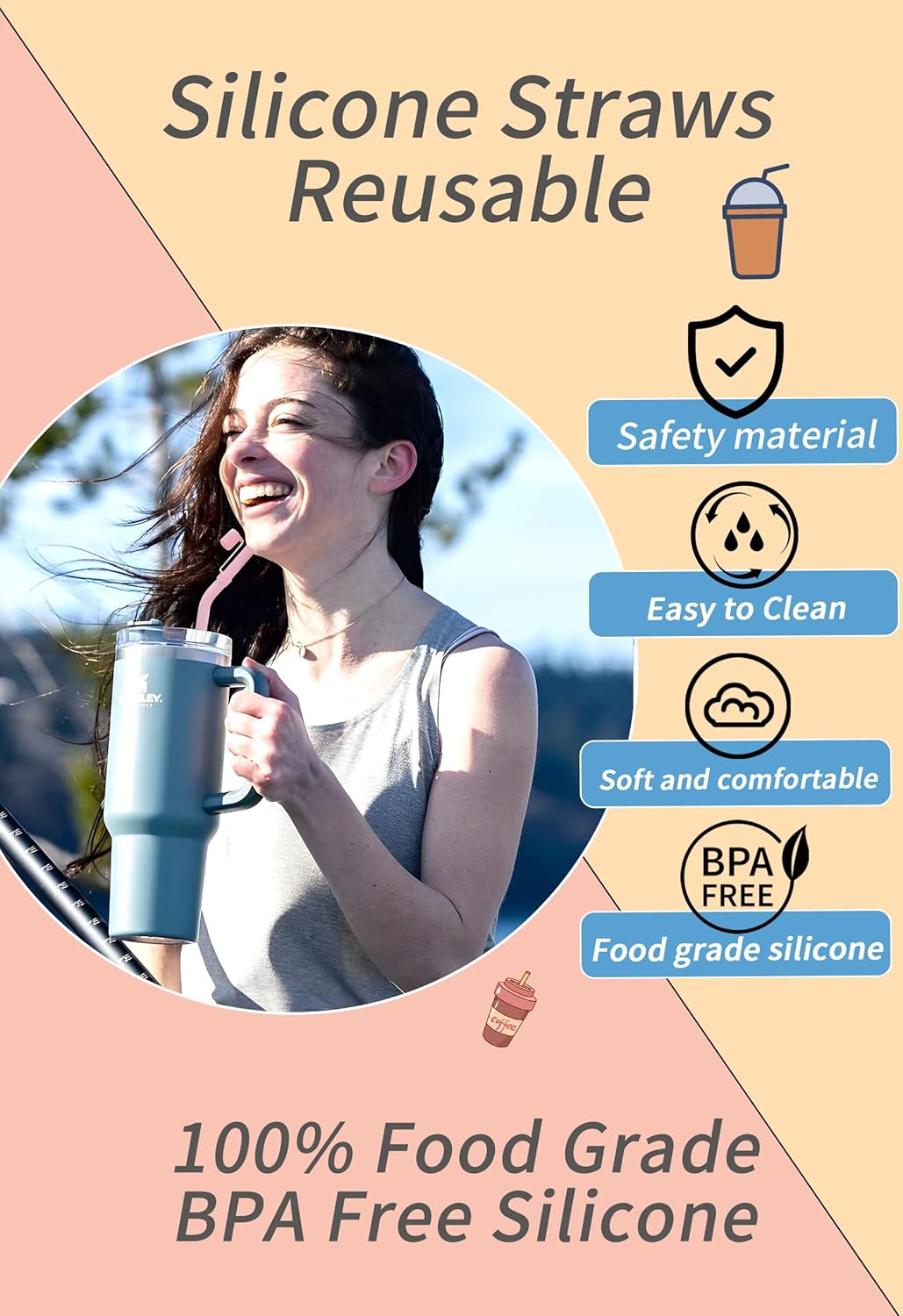 Reusable Replacement 12 inch Long Silicone Straw With Cover, Stocking Stuffers Gifts for Women Men Teens Girls Boys, Compatible with Stanley Tumbler Cup Accessorie 40 oz 30 oz (6 Pack)