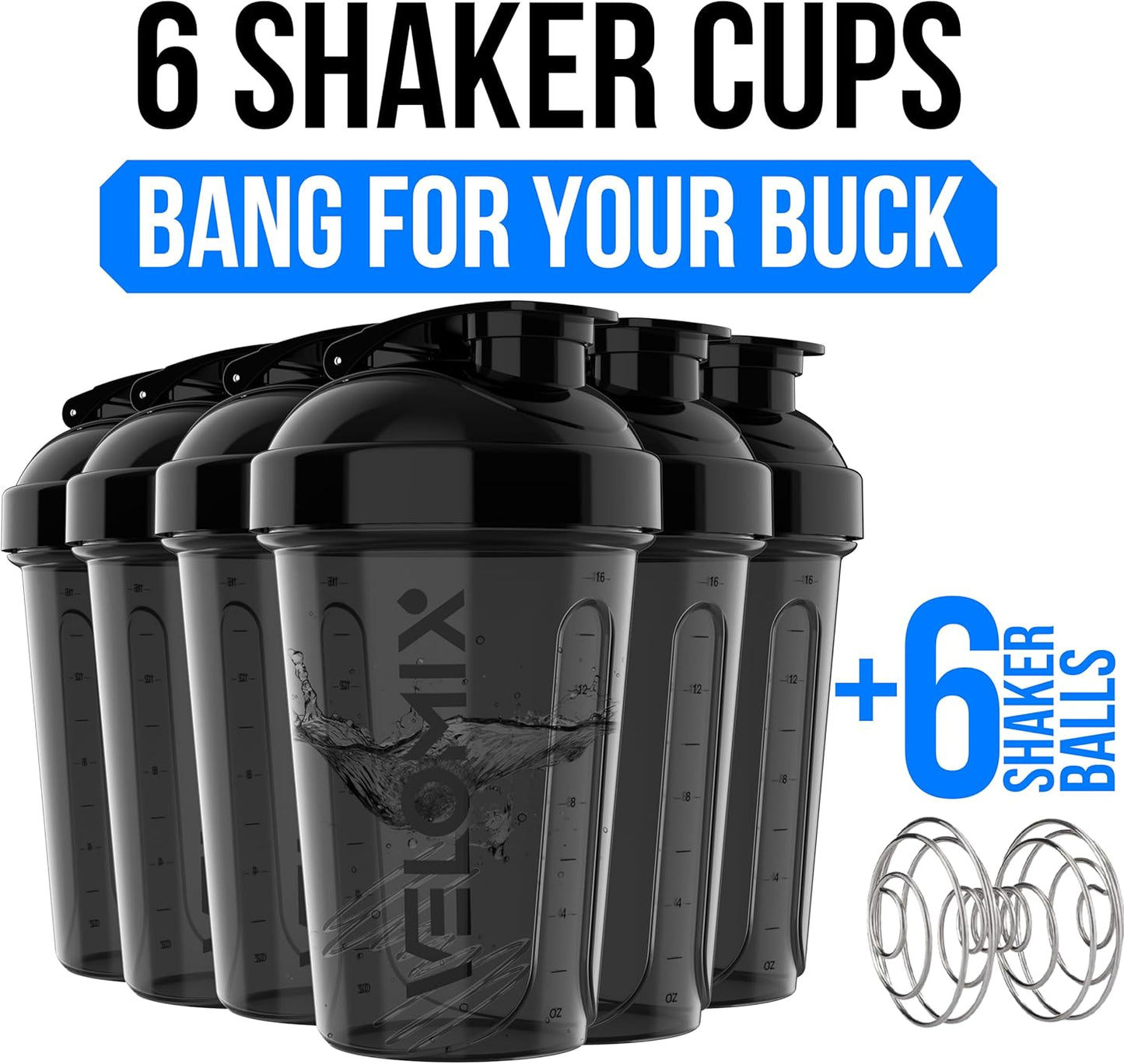 VELOMIX -6 PACK- 20 oz Protein Shaker Bottle for Protein Mixes - 6x Wire Whisk | Leak Proof Shaker Cups for Protein Shakes| Stackable Protein Shaker Bottle Pack | Dishwasher Safe (ALL IN BLACK)